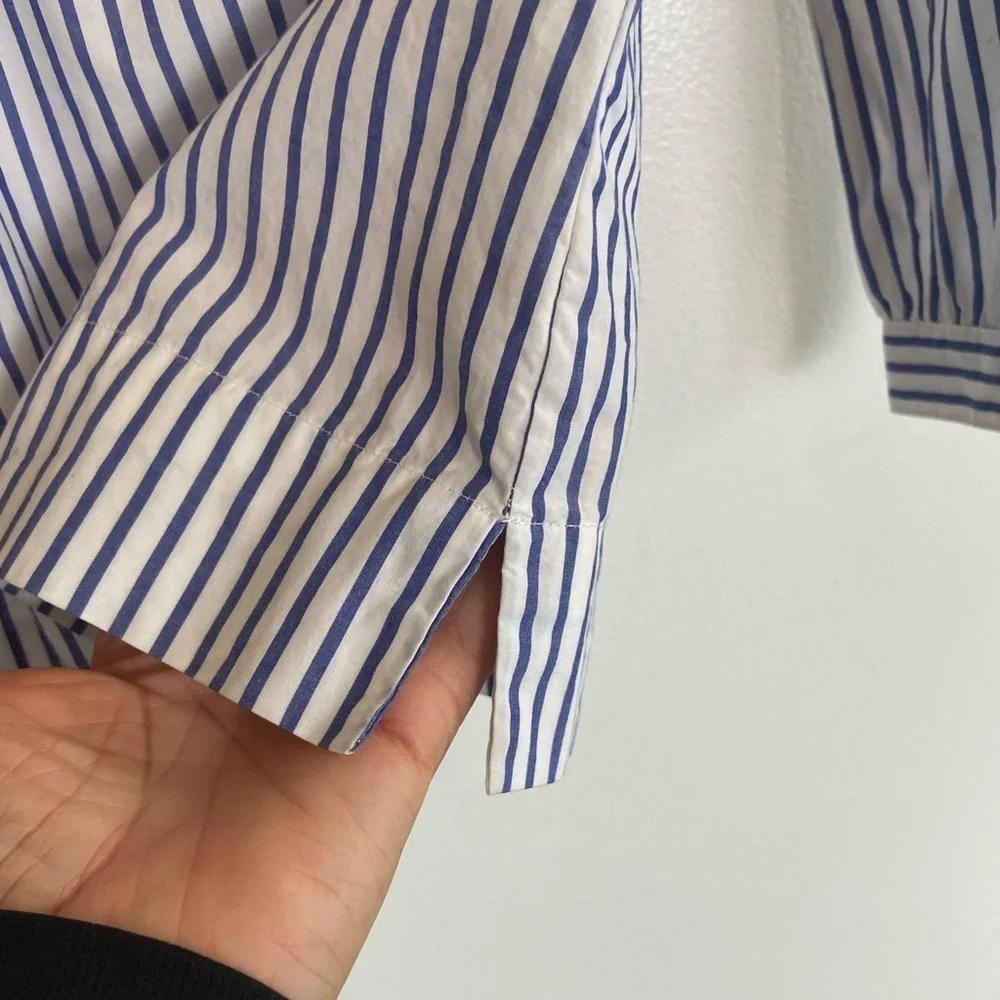 J. Crew Women's Boho Top Stripe Ruffle Size 0 Oversized White & Blue Long Sleeve